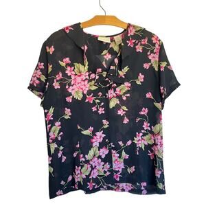 First Issue Liz Claiborne Y2K Ruffle Collar Floral Sheer Blouse Black Pink 16